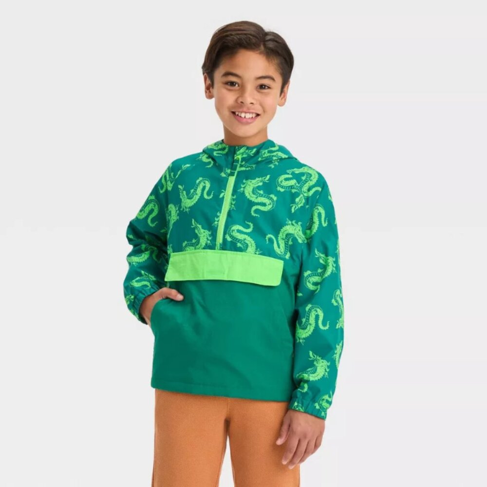 NWT Cat & Jack Dragon Green Printed Anorak Jacket, XS